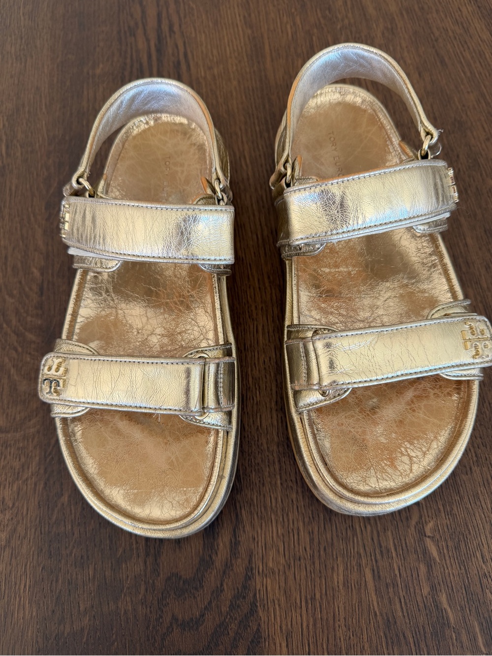 Tory Burch Metallic Gold Velcro Strap Sandals